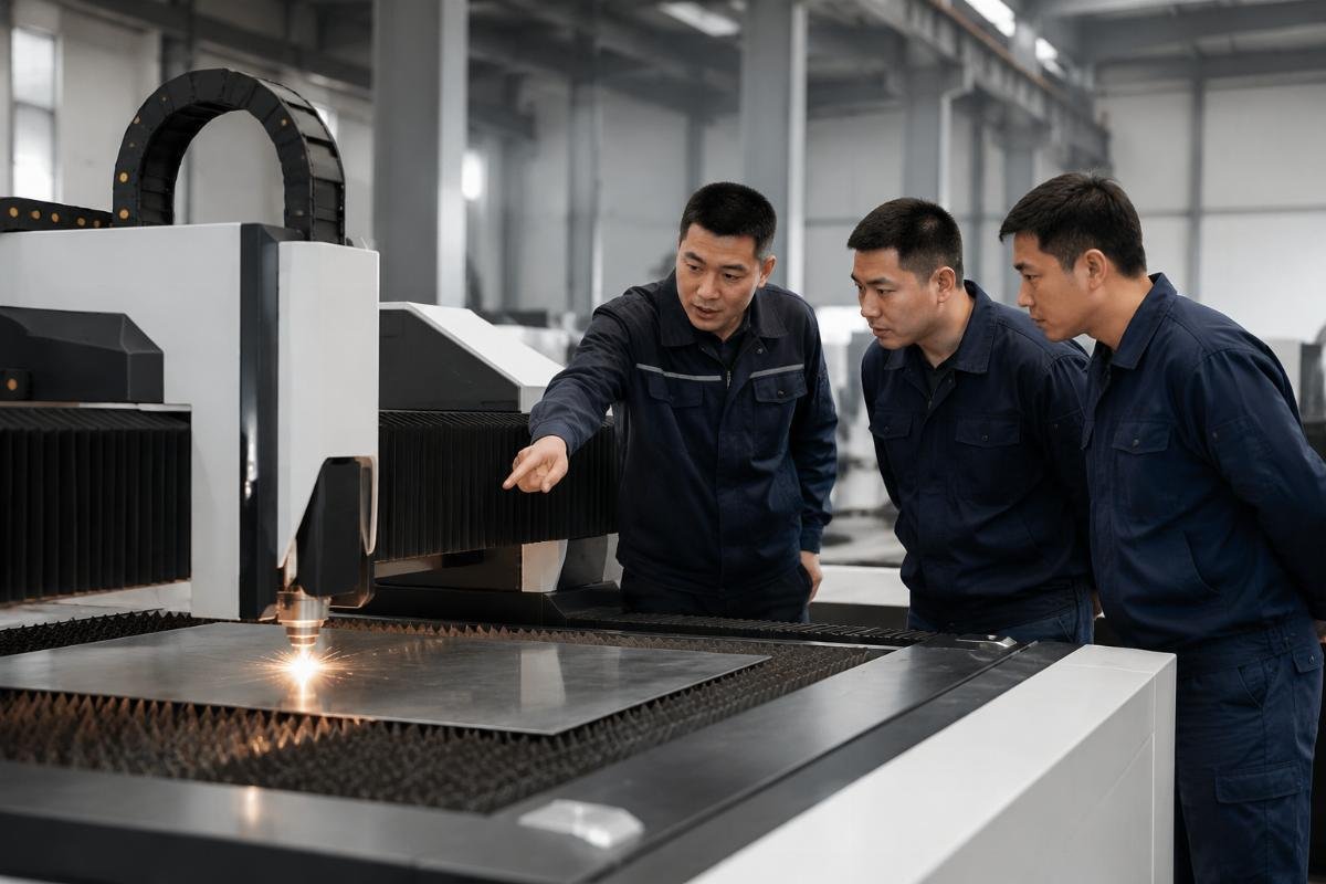 Supplier technician providing on-site training to print shop staff on a new CNC cutting machine