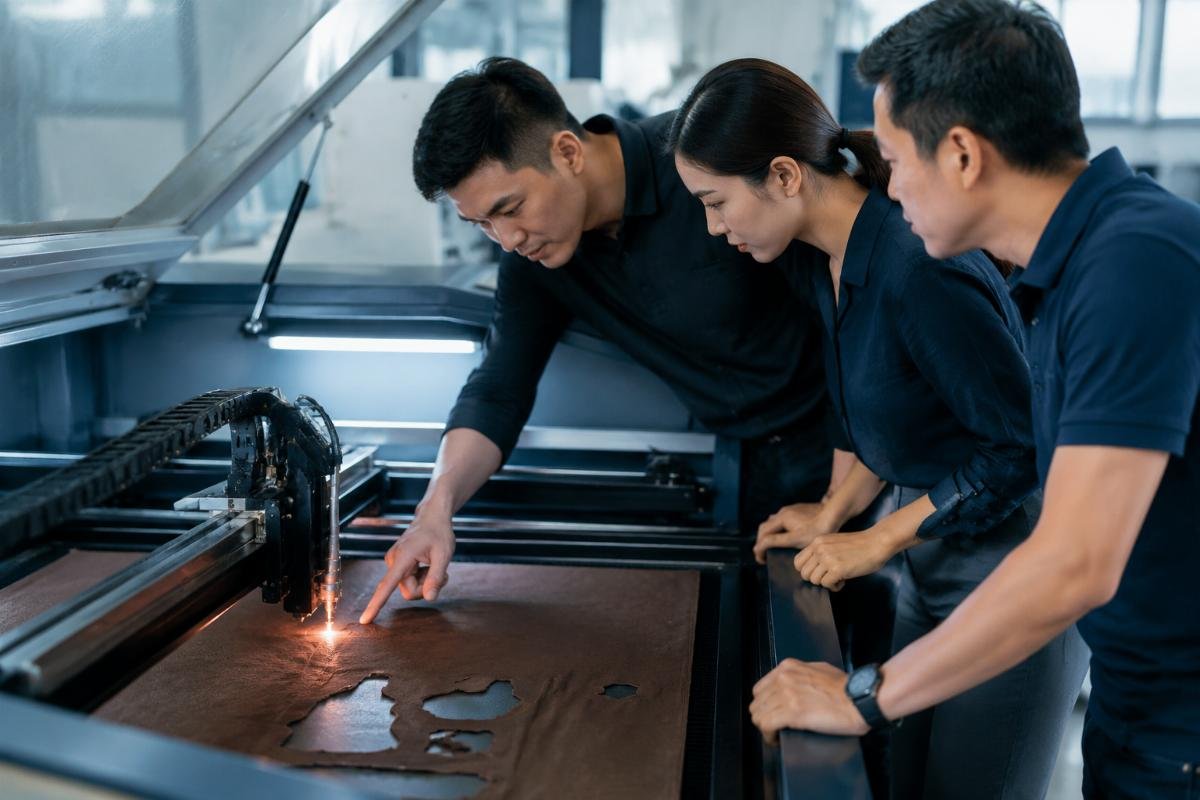 Supplier test cut process for leather cutting machines A supplier team running a test cut for a client before order confirmation