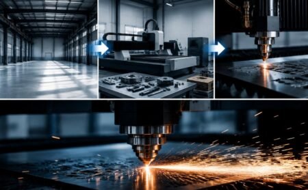 Workflow showing empty workshop connected to turnkey CNC solution provider leading to first operational cut