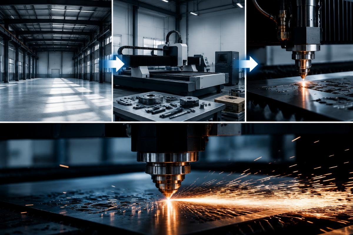 Workflow showing empty workshop connected to turnkey CNC solution provider leading to first operational cut