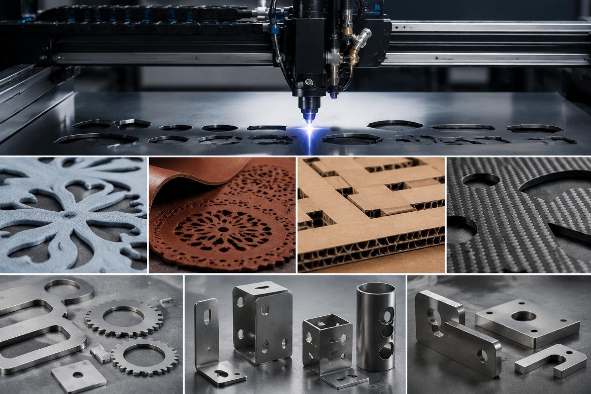 Multi-scenario CNC cutting samples including fabric, leather, corrugated cardboard and composite materials
