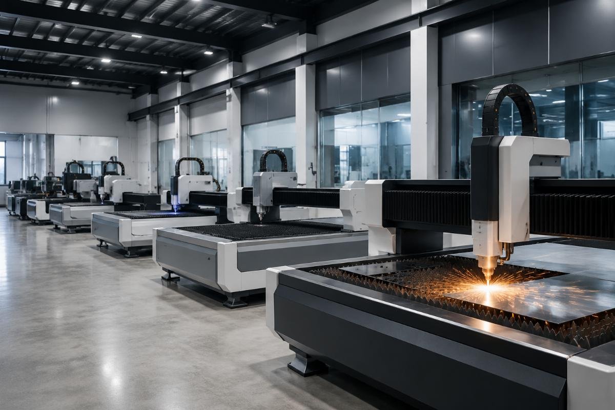 Different categories of CNC cutting machines lined up in a supplier showroom