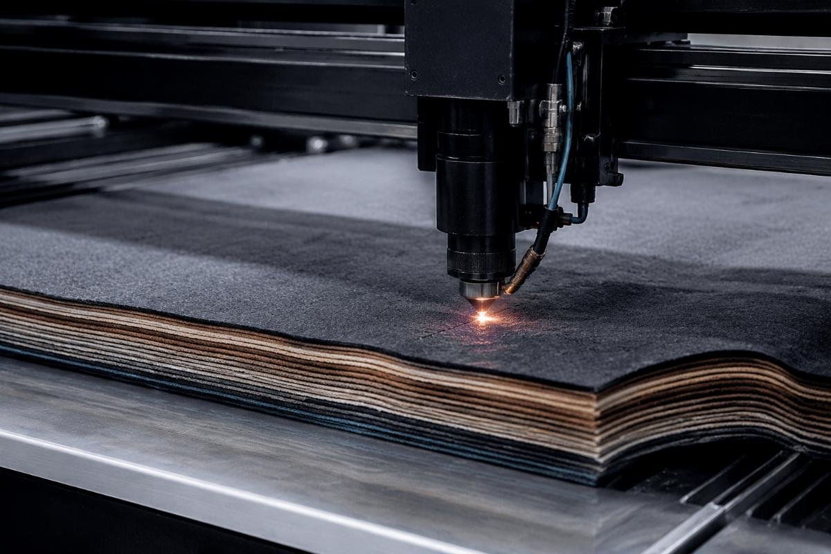 A CNC cutting machine processing multi-layer fabric during a live demonstration